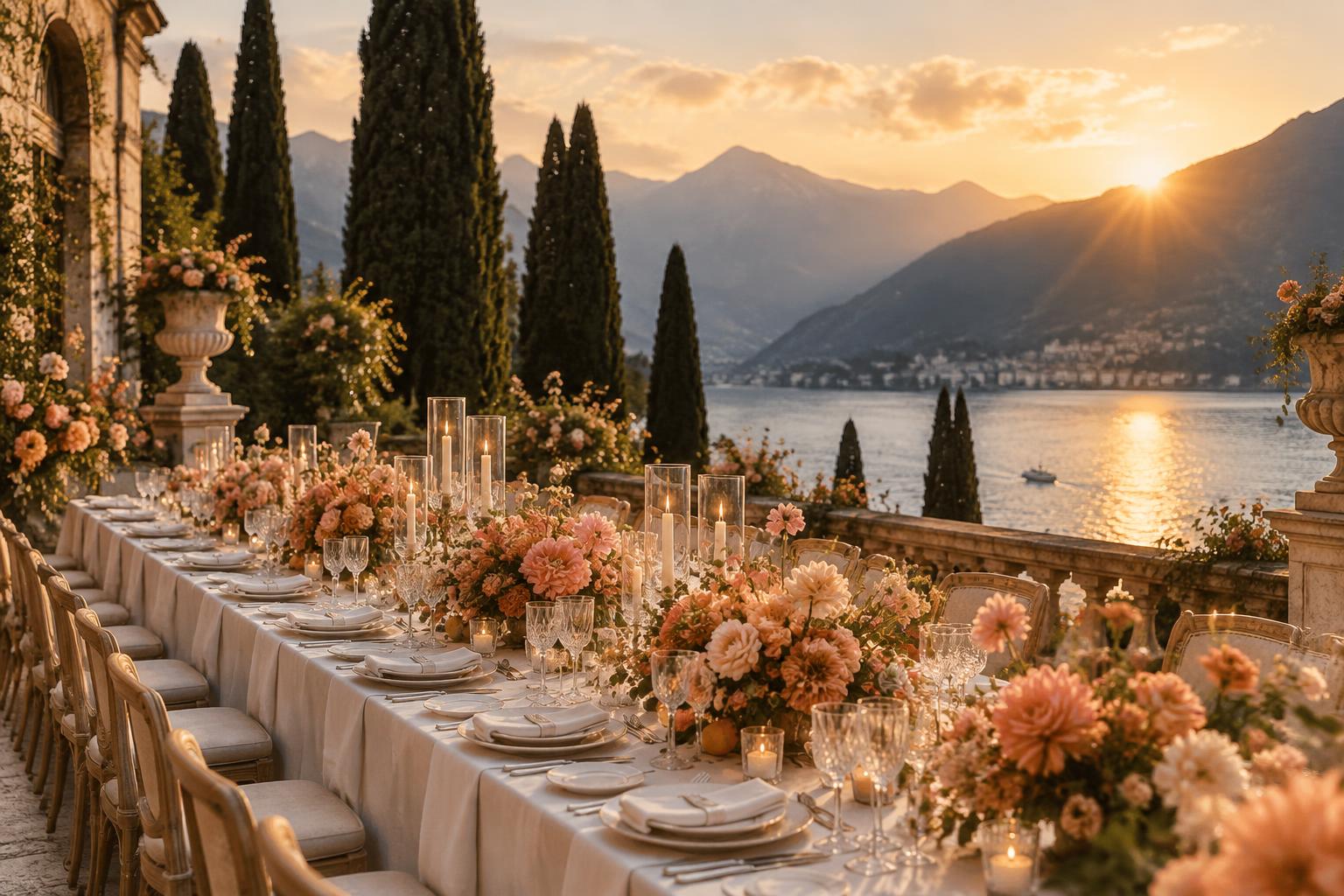 Candlelit wedding dinner by the lake