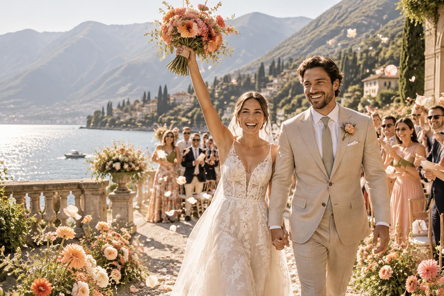Joyful newlyweds walking through their wedding celebration