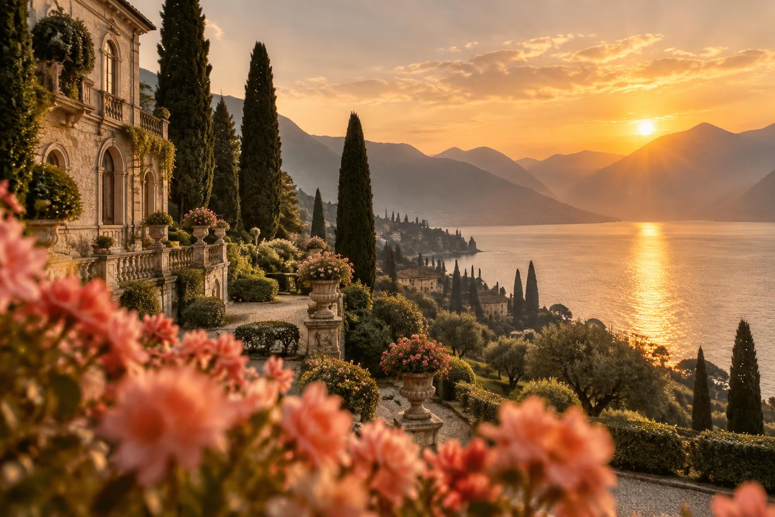 A wedding celebration at sunset over Lake Como