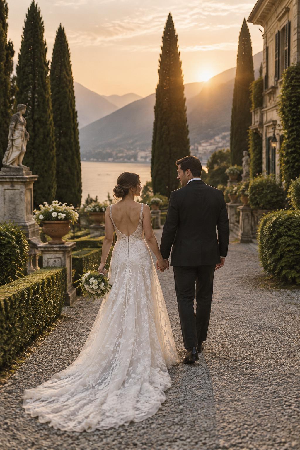 Newlyweds walking through an Italian garden at sunset